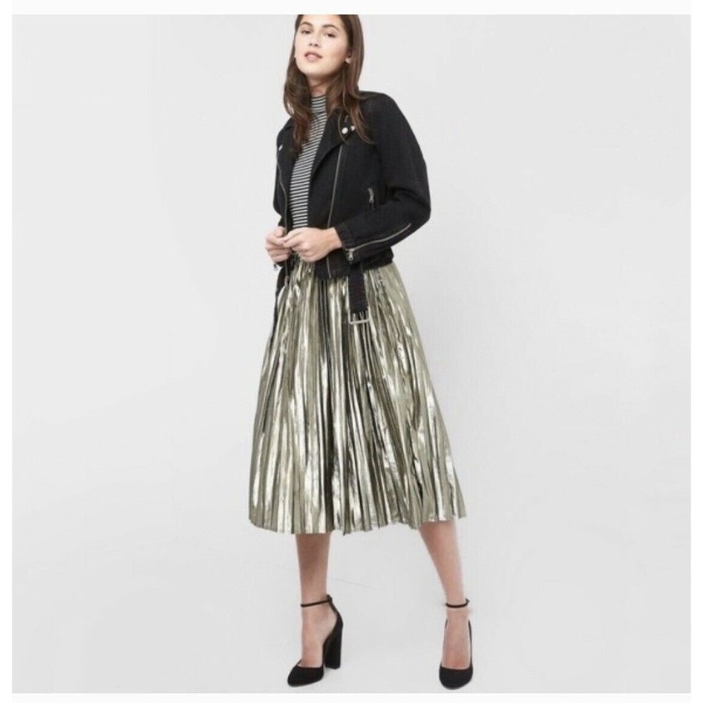 Gap Womens Gold Metallic Pleated Midi Skirt